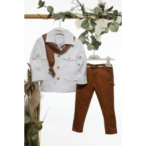 Bαπτιστικό σετ με ζακέτα λευκή καφέ παντελόνι michiamo A4694 Bαπτιστικό σετ με ζακέτα λευκή καφέ παντελόνι michiamo A4694