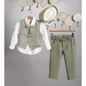 Βαπτιστικό σετ με γιλέκο μπεζ παντελόνι λαδί 2807-2