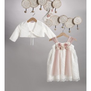 Φόρεμα βάπτισης με ροζ λουλούδια και μπολερό 