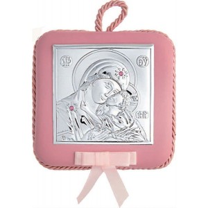 Εικόνα ασημένια τετράγωνη prince silvero παναγίτσα με ιησού με μουσική ροζ 605