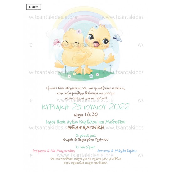 Προσκλητήριο βάπτισης δίδυμα παπάκια TS462